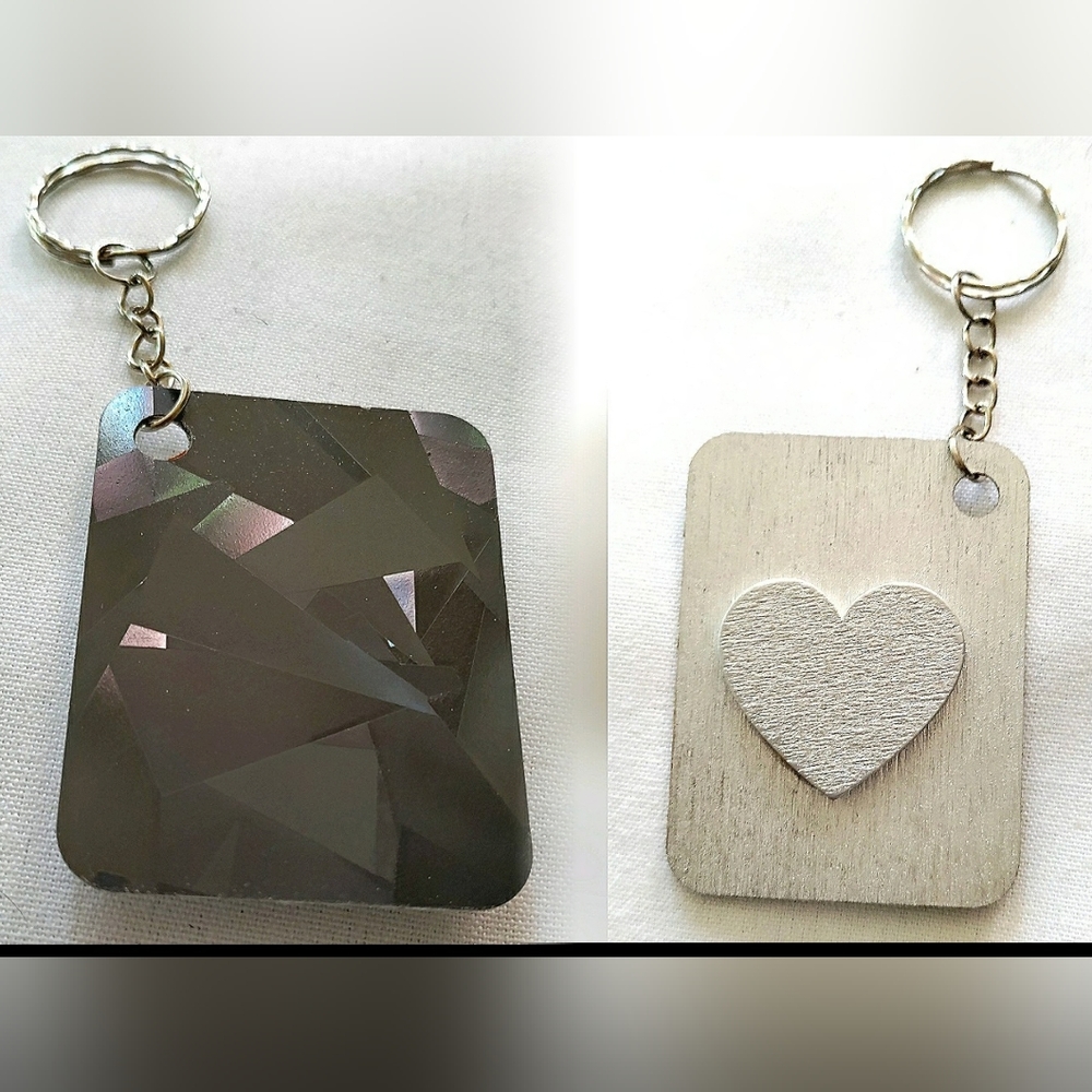 NEW Handmade Keychain Bag Tag! Hologram Geo. & Silver Wood Heart. Unisex.